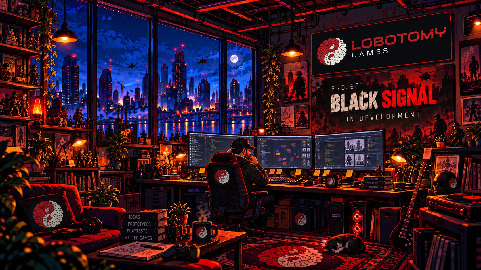Ilustração conceitual escolhida do estúdio Lobotomy Games à noite, com um desenvolvedor de boné, a marca do estúdio e o cartaz Project Black Signal